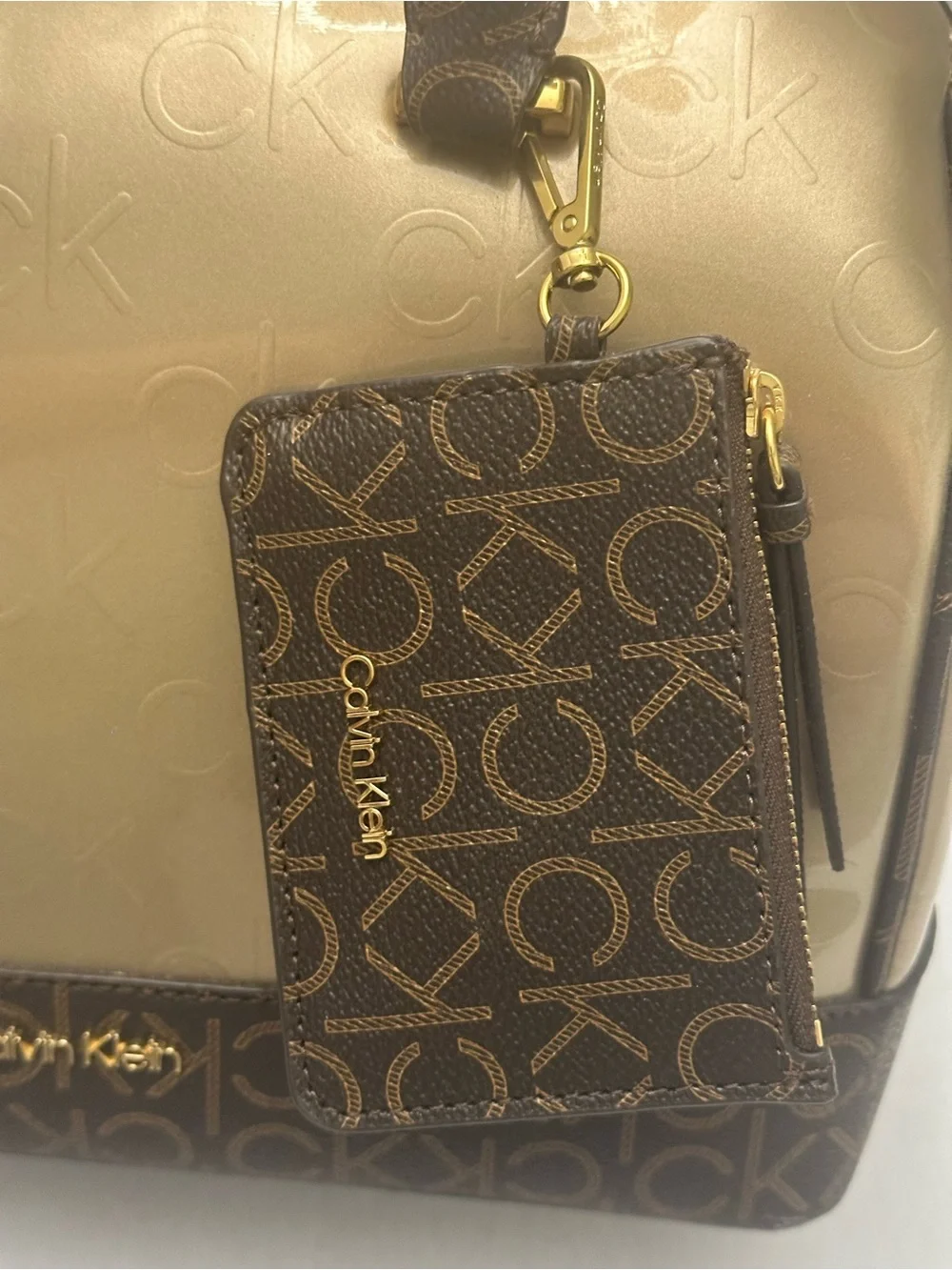 Calvin Klein Metallic Gold and Brown Dome Satchel with Removable Pouch
